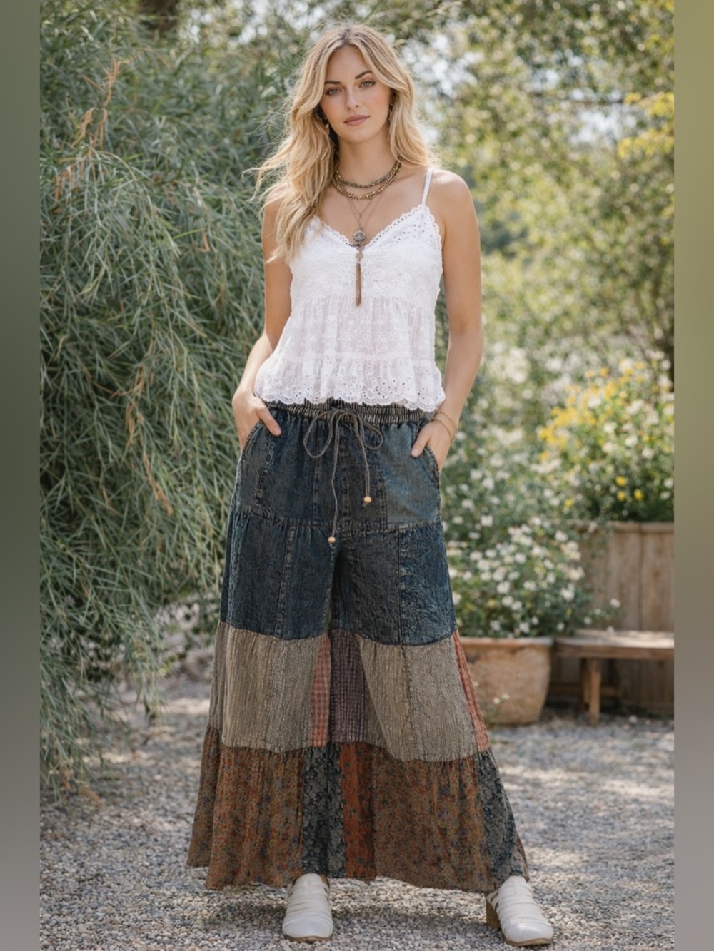 #201 New! Boho Patchwork Wide Leg Denim Pants - Picture 3 of 3